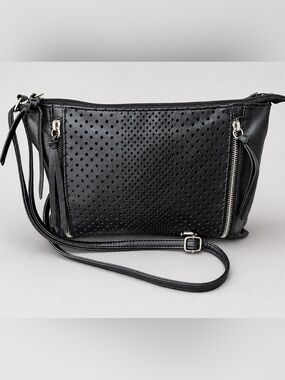 FIORELLI Black Perforated Crossbody Bag Silver Zip Detail Adjustable Strap